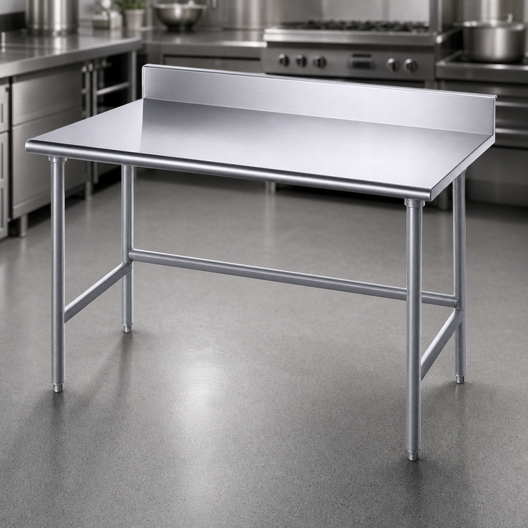 Product image #3 for Advance Tabco 12-Foot Wide 24-Inch Deep 16 Gauge 304 Stainless Steel Work Table with 5-Inch Backsplash and Galvanized Open Base