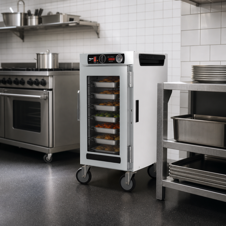 Product image #4 for Metro HotBlox Narrow 8-Pan Half-Height Mobile Insulated Holding Cabinet, Clear Door, Analog Controls