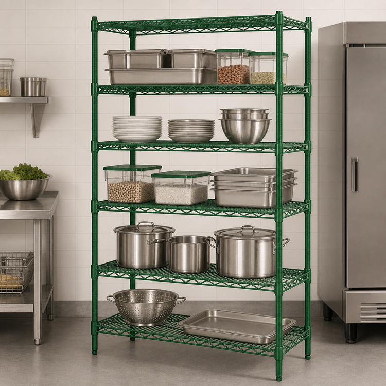 Product image #3 for Steel Works Stainless Heavy-Duty 5-Tier Wire Shelving Unit with 84-Inch Posts, 18 x 42 Inches, Green Epoxy Coated