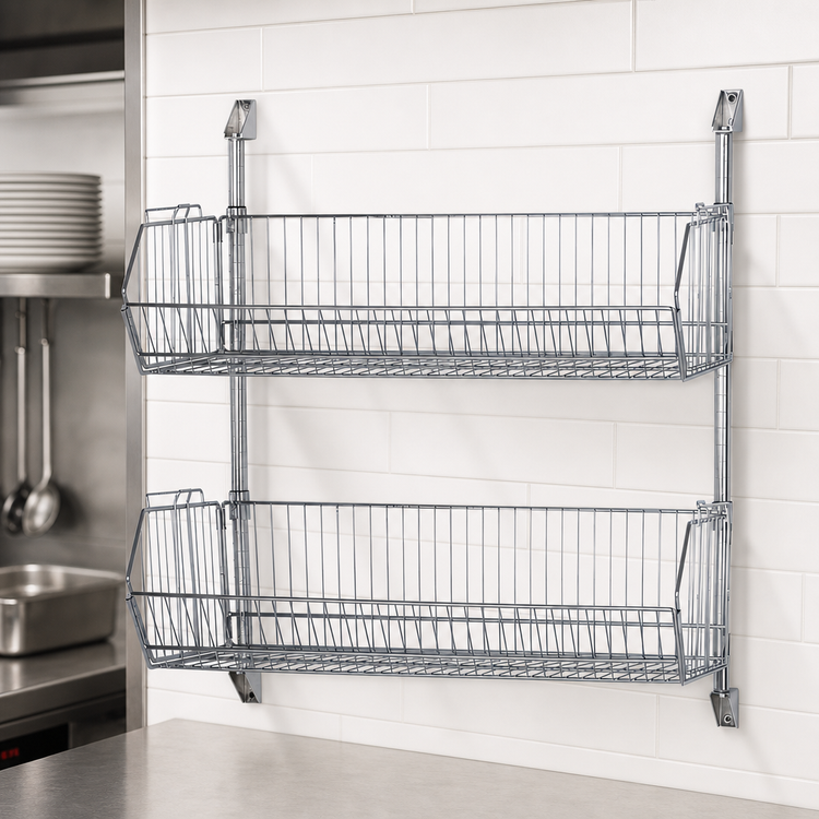 Product image #3 for Quantum Cantilever Post Wall-Mount Basket Rack with 2 Wire Baskets, 36 x 14 x 34 Inches, Chrome Plated