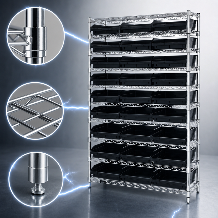 Product image #3 for Quantum Conductive Bin Wire Shelving System with 12 Shelves and 33 Bins, 36"W x 12"D x 74"H, Chrome Plated