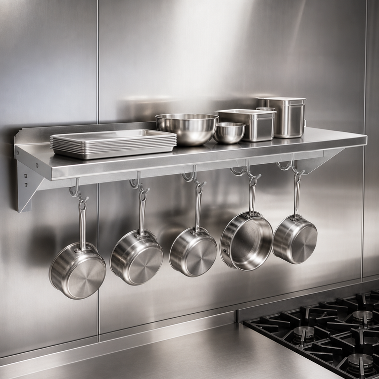 Product image #3 for John Boos Stallion 144-Inch Wall-Mounted Stainless Steel Pot Rack Shelf with 12 Hooks, 16-Gauge