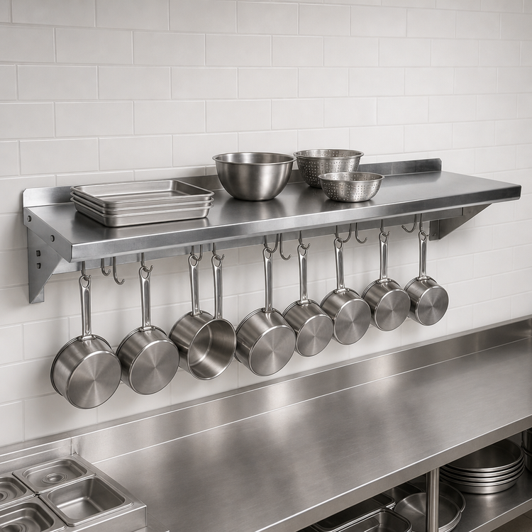 Product image #3 for John Boos Stallion 108-Inch Wall-Mount Stainless Steel Pot Rack Shelf with 9 Hooks, 14-Gauge