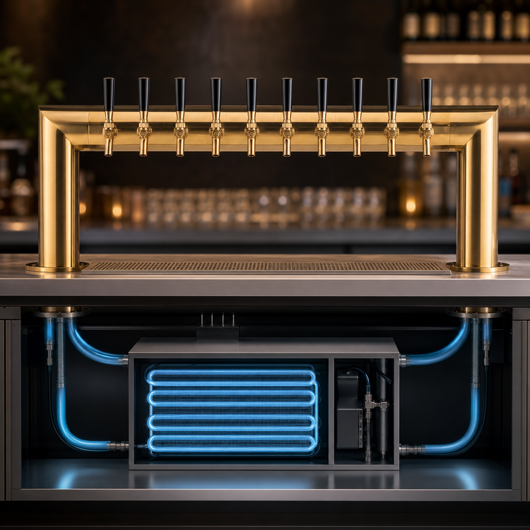 Product image #3 for Micro Matic Pass-Thru Countertop Glycol-Cooled Draft Beer Tower, 10 Faucets, 2 Columns, PVD Brass Finish