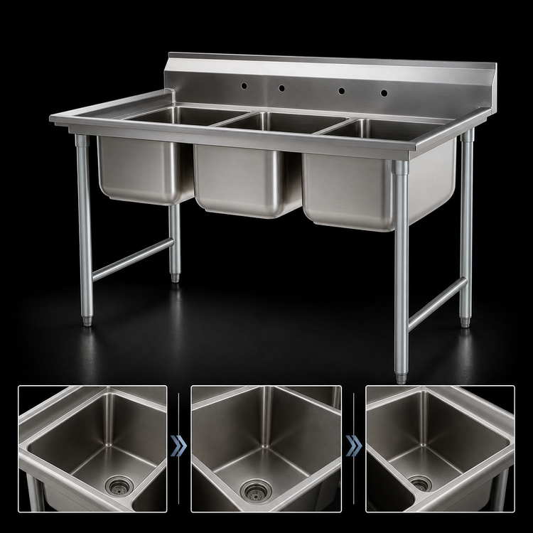 Product image #3 for Eagle Group 414 Series 3-Compartment Stainless Steel Sink, 65-1/2 Inch Wide, Without Drainboards