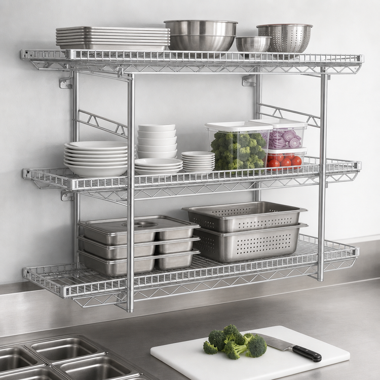 Product image #3 for Eagle Group QuadTruss Piggyback 3-Tier Wall-Mounted Open Wire Shelf Kit, 48 x 18 Inches, Chrome Finish
