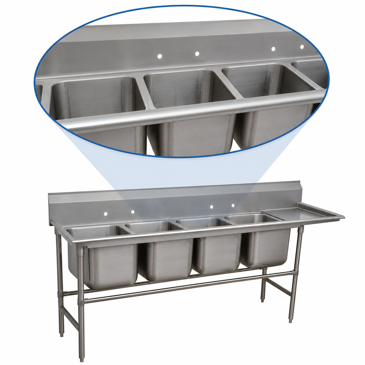 Product image #3 for Advance Tabco Regaline 4-Compartment Sink with Right-Hand Drainboard, 20" x 20" Bowls, 14 Gauge 304 Stainless Steel