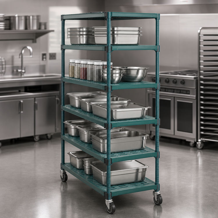 Product image #3 for QuadPLUS 5-Tier Mobile Starter Wire Shelving Unit, 60 x 21 x 74 Inches, Green Epoxy Finish