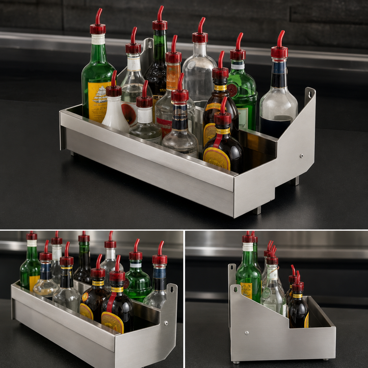 Product image #3 for Advance Tabco Underbar Basics™ Heavy-Duty Double-Tier Stainless Steel Speed Rail, 24 Inch Wide, 10-12 Bottle Capacity, Keyhole Mounting