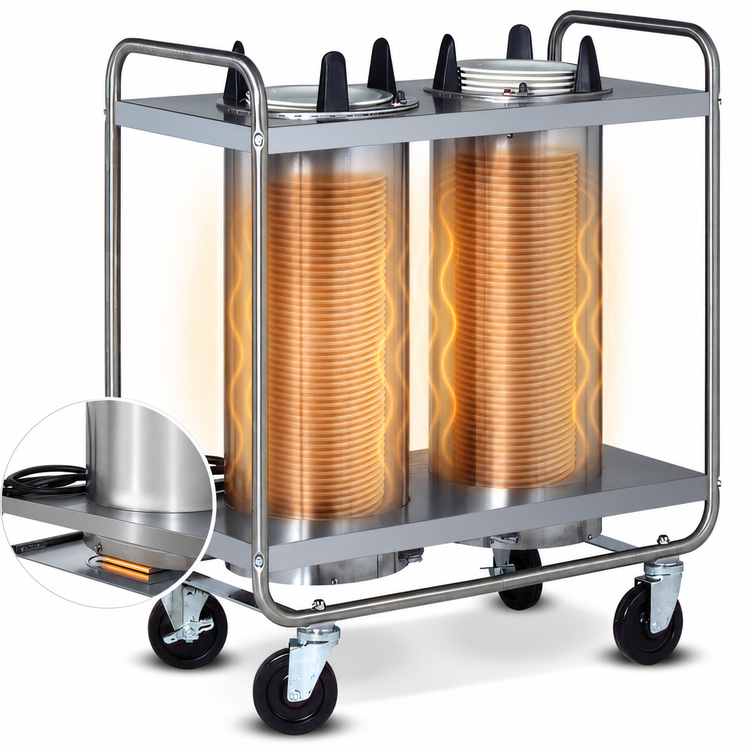 Product image #3 for Dinex Heated Mobile Plate and Bowl Dispenser, Dual Self-Elevating Tubes, Open Frame