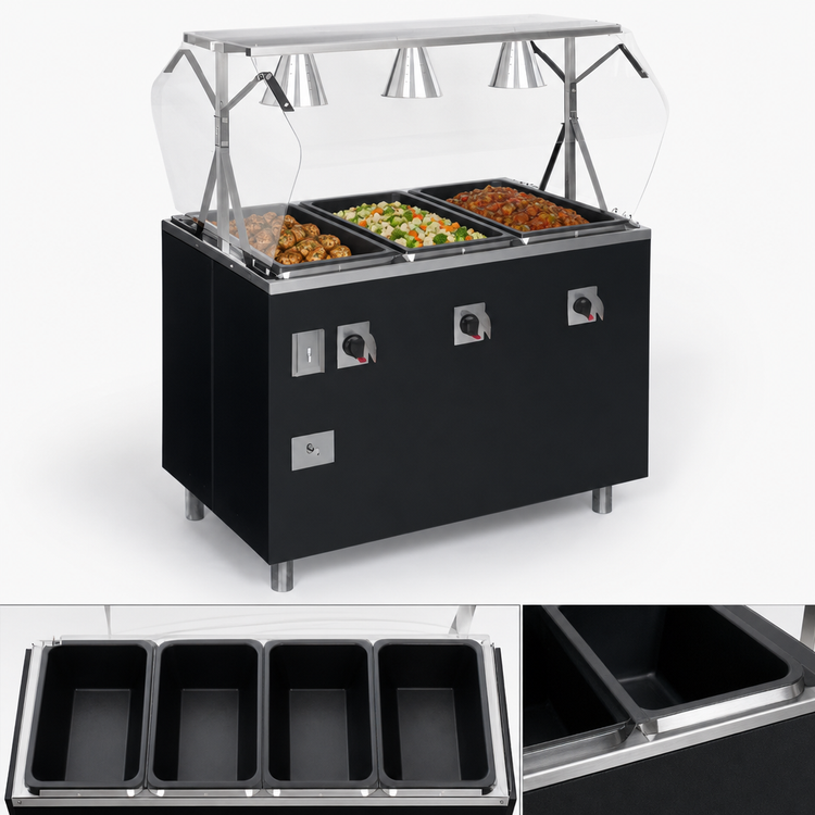Product image #3 for Vollrath 2-Series Affordable Portable Deluxe 4-Well Mobile Hot Food Station with Buffet-Style Breath Guard and Enclosed Storage Base