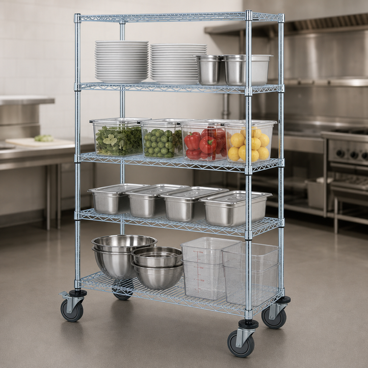 Product image #3 for Quantum 4-Shelf Chrome Plated Mobile Wire Shelving Cart, 60 x 24 x 80 Inches