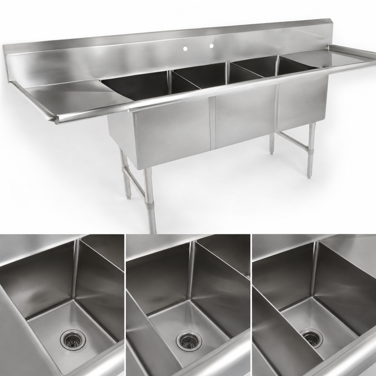 Product image #3 for John Boos B Series 3-Compartment Stainless Steel Sink with Left and Right Drainboards