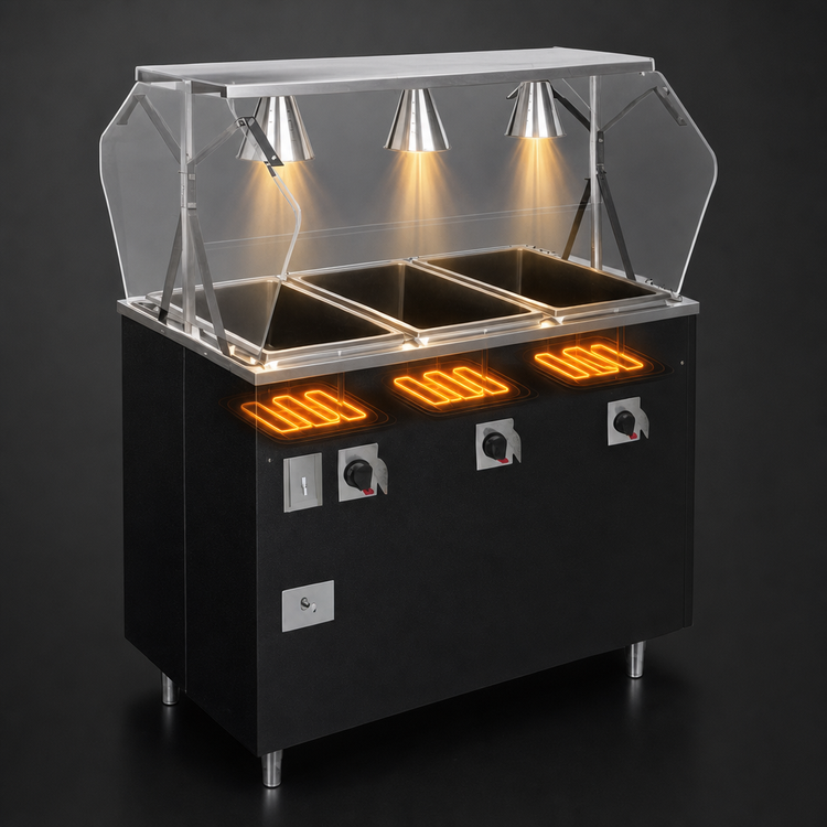 Product image #3 for Vollrath 2-Series Affordable Portable 3-Well Hot Food Station with Buffet-Style Breath Guard and Sliding Door Storage Base, Granite Finish, 120V