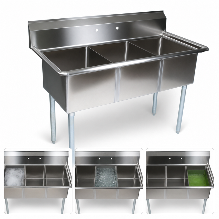 Product image #3 for John Boos E-Series 3-Compartment Stainless Steel Sink with 18 x 18 x 12 Inch Bowls and Galvanized Legs