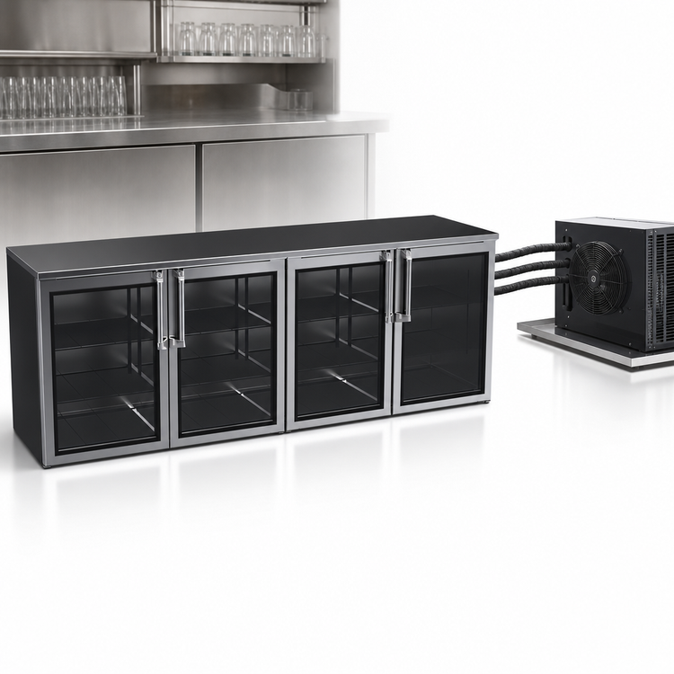 Product image #3 for Krowne Remote Back Bar Cooler Storage Cabinet, 96 Inch, 4-Section, 4 Swing Doors, Black Exterior