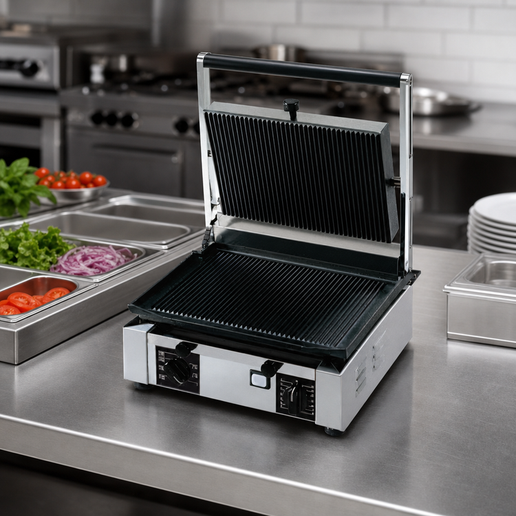 Product image #3 for Univex PPRESS1.5R Single Countertop Panini Press with Ribbed Cast Iron Plates and Timer