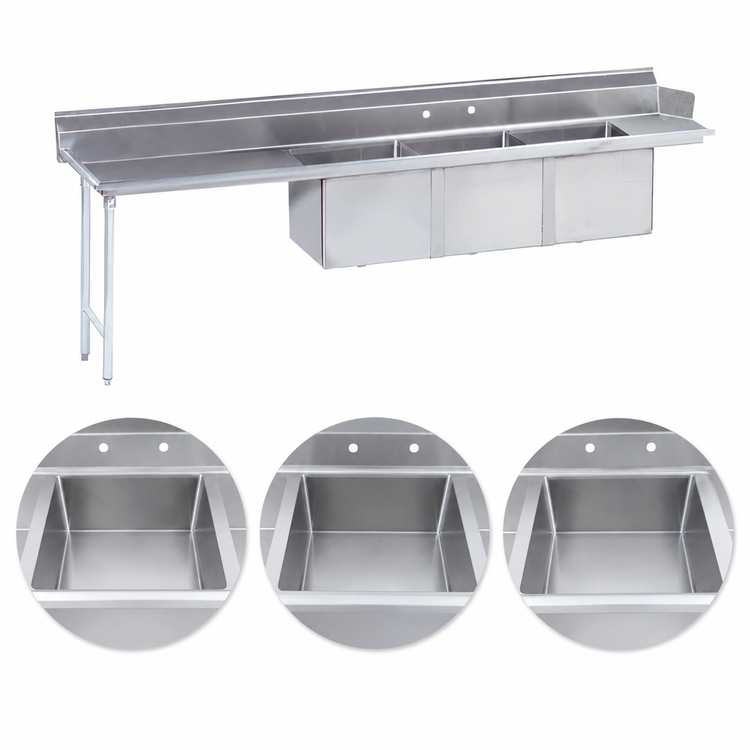 Product image #3 for Advance Tabco 3-Compartment 143-Inch Stainless Steel Dishtable with 20 x 20 x 14 Bowls and Left Drainboard