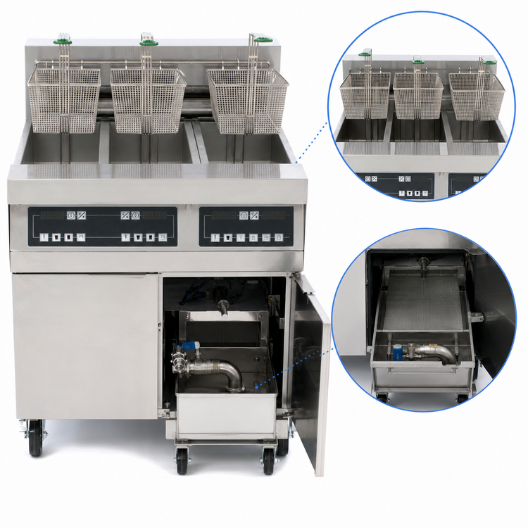 Product image #3 for Frymaster RE High Efficiency Triple Electric Fryer Battery with Built-In Filtration, 80 lb. Frypots