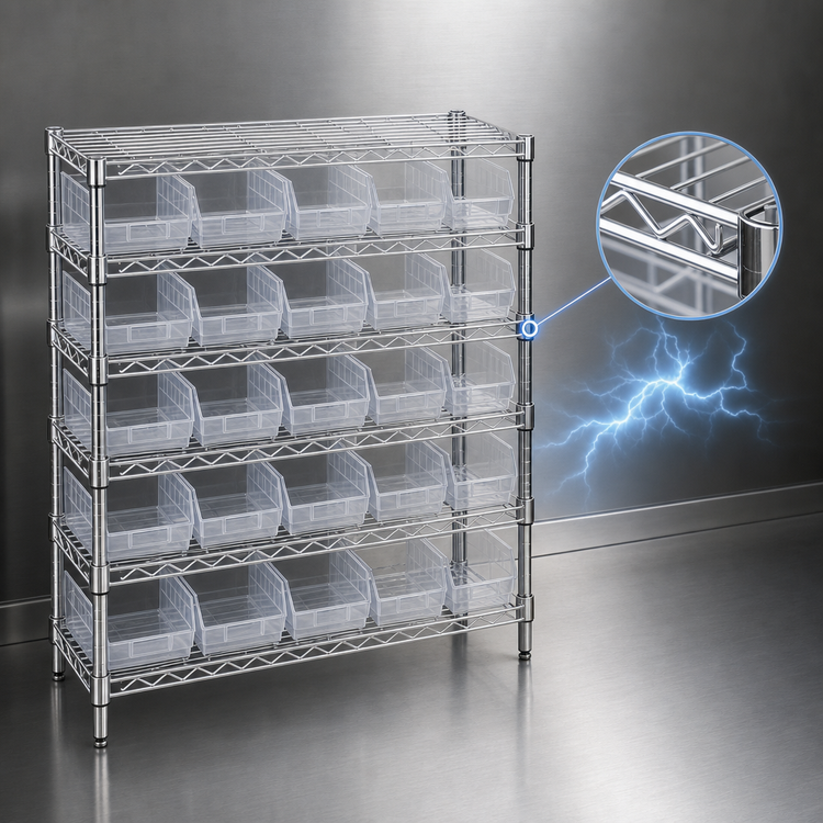 Product image #3 for Quantum Conductive Bin Wire Shelving System with 25 Clear Bins, 36W x 12D x 36H, Chrome Plated