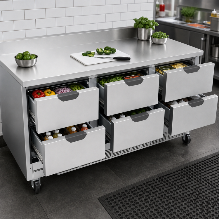 Product image #3 for Beverage-Air 72-Inch Three-Section Drawer Worktop Refrigerator, 6 Drawers, Rear-Mounted Self-Contained R290