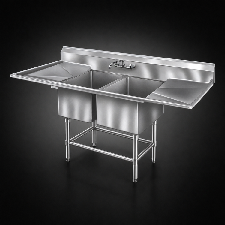 Product image #3 for Spec-Master FN2840-2-30-14/3 Two-Compartment 104" W x 35" D Stainless Steel Sink with Dual 30" Drainboards
