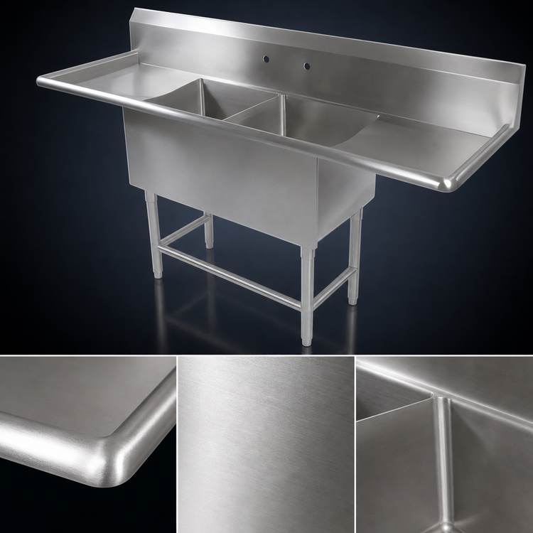 Product image #3 for John Boos Pro-Bowl 2-Compartment Sink with Dual Drainboards, 14-Gauge Stainless Steel, 71-1/4 Inch Wide