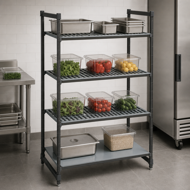 Product image #3 for Cambro Camshelving Basics Plus 4-Tier Stationary Polymer Shelving Starter Unit, 24-Inch Deep x 48-Inch Wide x 64-Inch High, 3 Vented + 1 Solid, Brushed Graphite