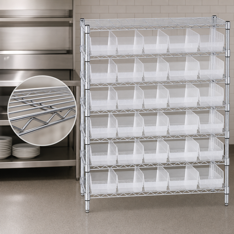 Product image #3 for Quantum Bin Wire Shelving System with 6 Shelves, 25 Clear Bins, and Chrome Plated Finish