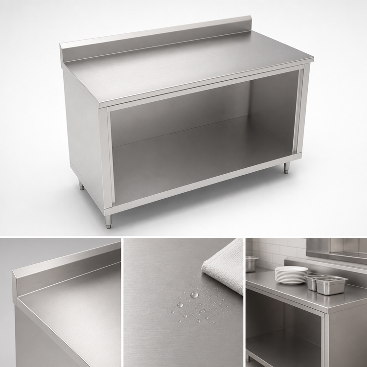 Product image #3 for John Boos Open Front Cabinet Base Work Table with 16-Gauge 300 Series Stainless Steel Top and 5-Inch Backsplash, 48 x 36 Inches