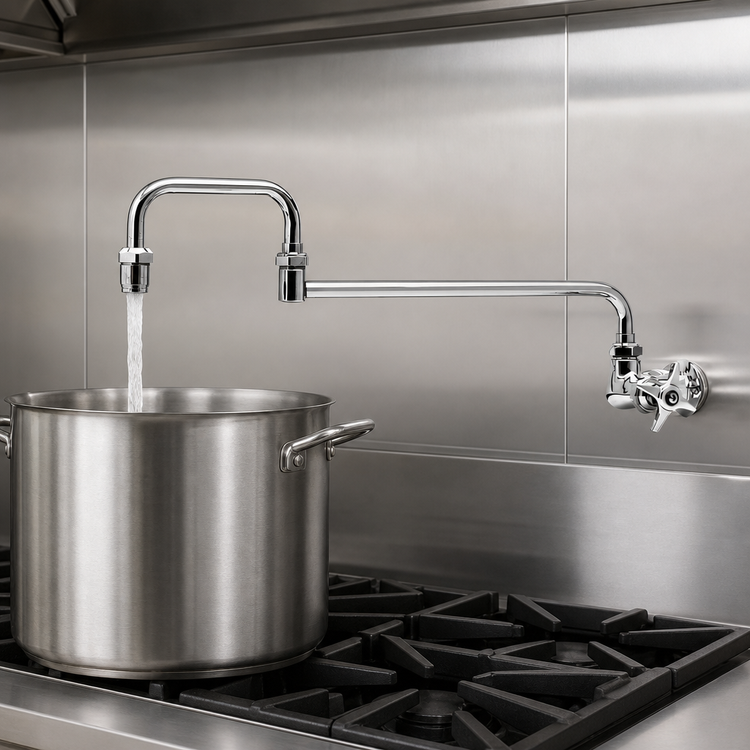 Product image #3 for T&S Brass 18-Inch Splash-Mounted Double-Jointed Pot Filler Faucet with Single-Control Four-Arm Handle, Chrome-Plated