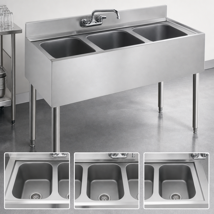 Product image #3 for Krowne Silver Series 36-Inch Three-Compartment Stainless Steel Underbar Sink with Wall-Mount Faucet