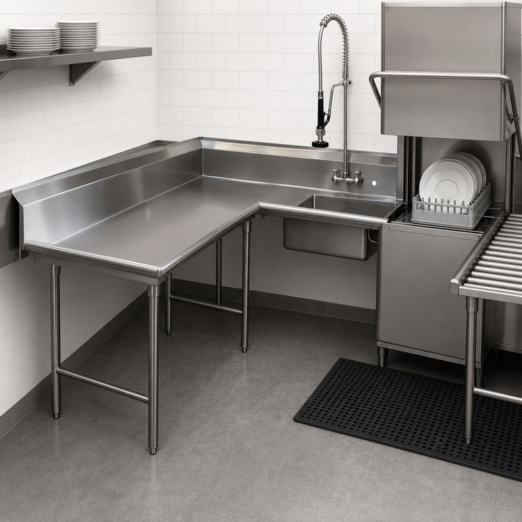 Product image #3 for Advance Tabco Korner Soil L-Shaped Left-Hand Dishtable with Pre-Rinse Sink, 119 Inches, 304 Stainless Steel