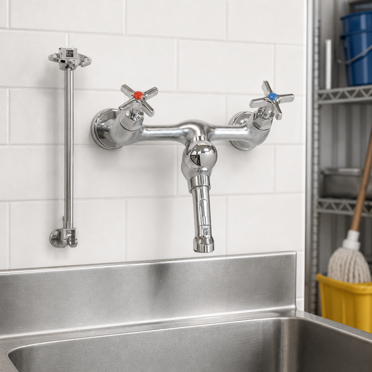 Product image #3 for Klinger's Trading Wall-Mount Mop Sink Service Faucet with 6-1/2 Inch Threaded Hose Spout, 8 Inch Centers and Vacuum Breaker