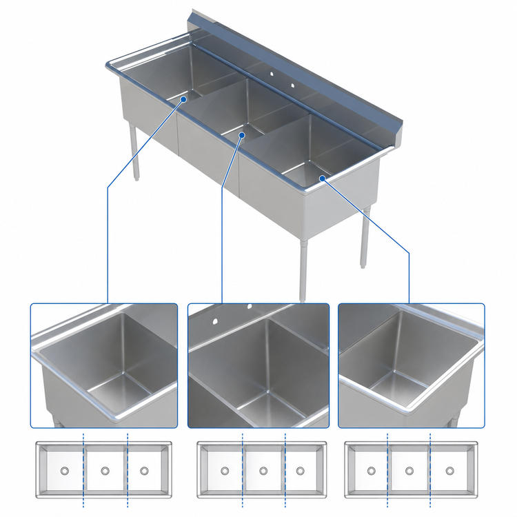 Product image #3 for Sapphire Manufacturing SMS1515-3 3-Compartment Stainless Steel Commercial Sink, 50-Inch Wide, with 9-3/4-Inch Backsplash