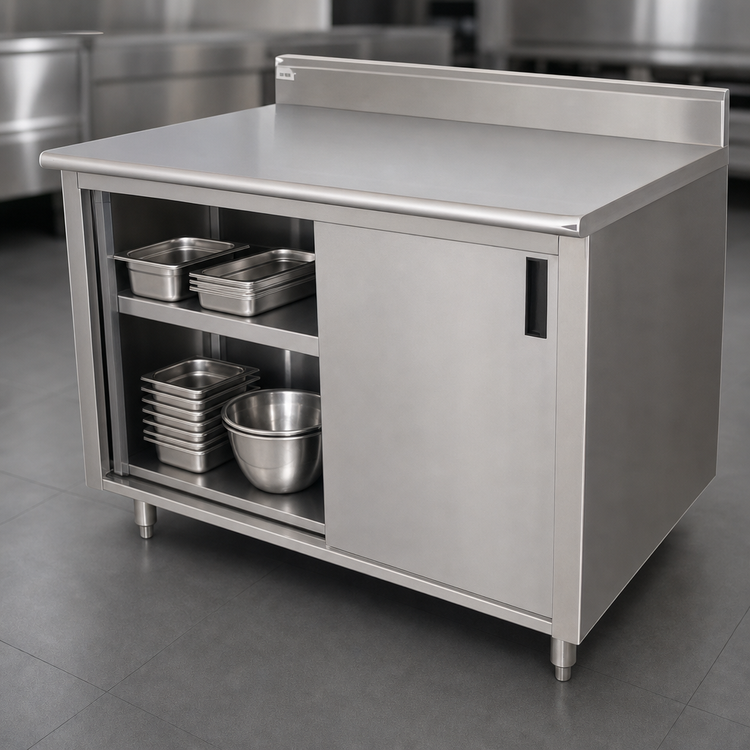 Product image #3 for Advance Tabco Special Value Economy Enclosed Work Table with Cabinet Base, Sliding Doors, Mid-Shelf, 120 x 30 Inch, 304 Stainless Steel Top