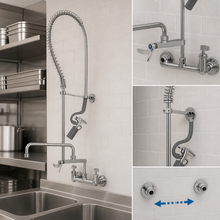 Product image #3 for T&S Brass EasyInstall 8-Inch Wall Mount Pre-Rinse Unit with Add-On Faucet, 18-Inch Double Joint Swing Nozzle, and 0.65 GPM Spray Valve