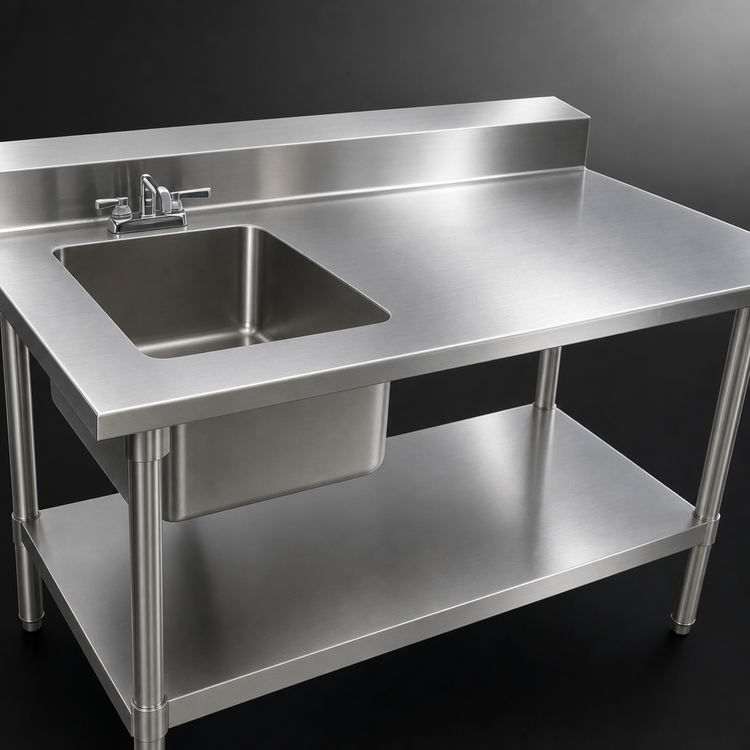 Product image #3 for John Boos 48 Inch x 30 Inch Stainless Steel Prep Table with Left Sink Bowl, 5 Inch Backsplash, and Adjustable Undershelf