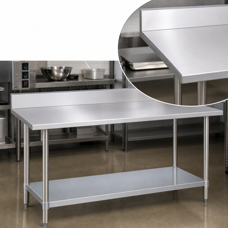 Product image #3 for Duke 84 Inch x 36 Inch 14-Gauge 300 Series Stainless Steel Work Table with 5 Inch Riser and Galvanized Undershelf
