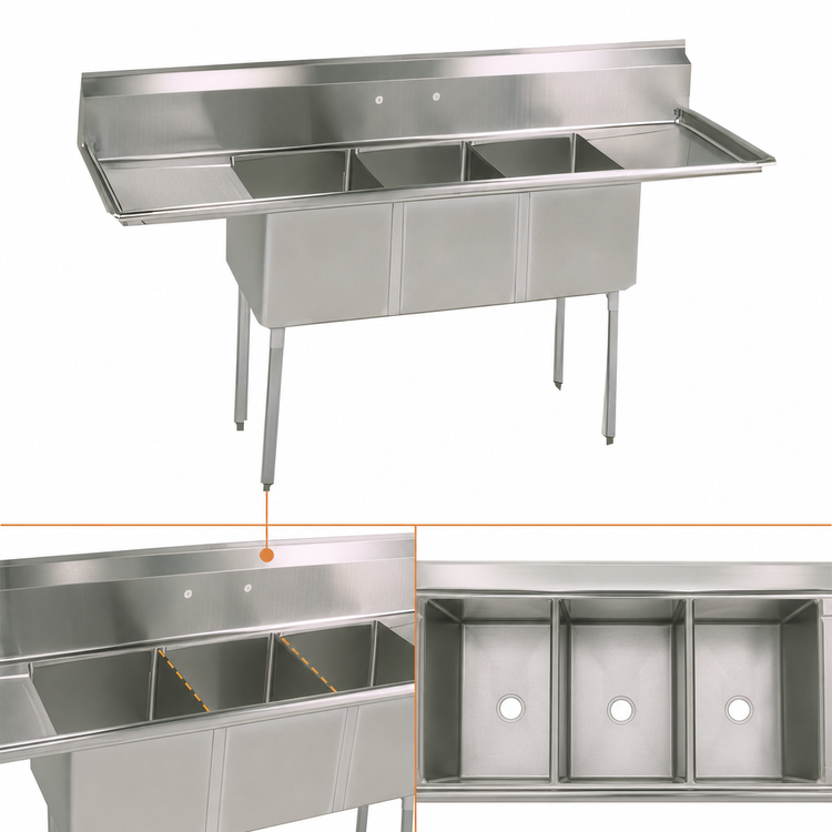Product image #3 for BK Resources Economy Three-Compartment Stainless Steel Sink with Left and Right Drainboards