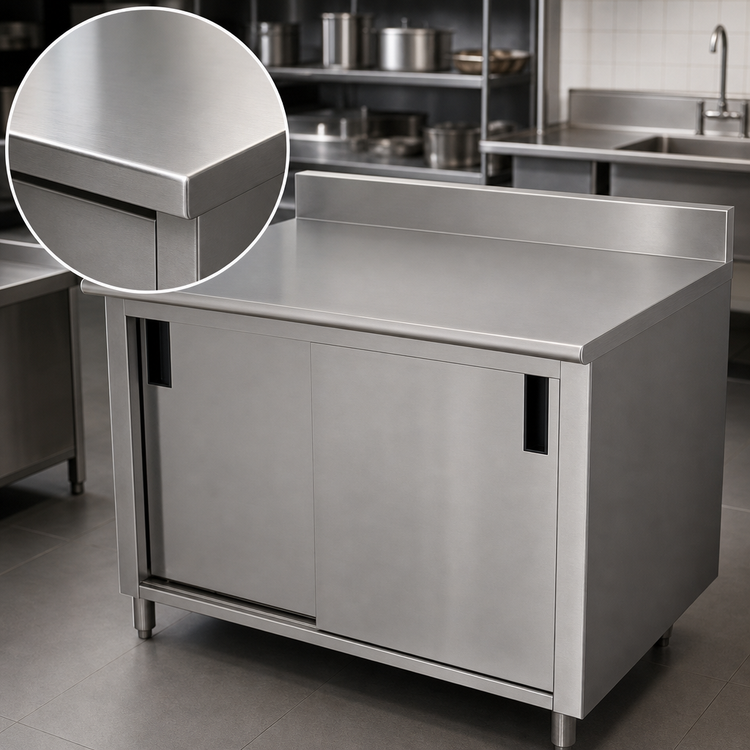 Product image #3 for Advance Tabco Special Value Enclosed Work Table with Cabinet Base, Mid-Shelf, Sliding Doors, and 5-Inch Backsplash, 108 x 30 Inches