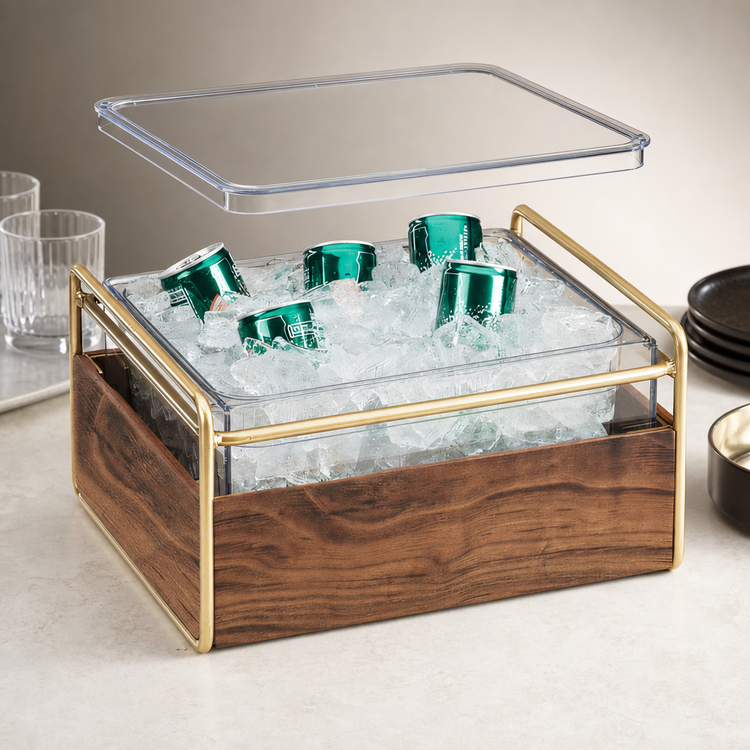 Product image #3 for Mid-Century Rectangular Ice Housing with Clear Polycarbonate Pan, Wood and Brass Frame, 11-1/4"W x 13-3/4"D x 7-1/4"H