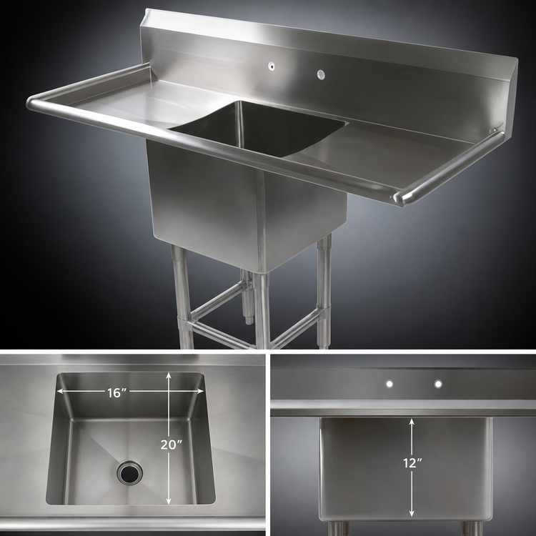 Product image #3 for John Boos Pro-Bowl 1-Compartment Sink with Left and Right Drainboards, 16 Gauge Stainless Steel, 67-1/4 Inch Wide