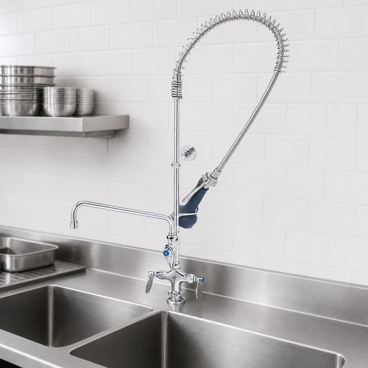 Product image #3 for T&S Brass Deck-Mount Pre-Rinse Unit with Single-Hole Mixing Faucet, 12-Inch Swing Spout Add-On Faucet, and Low-Flow Spray Valve