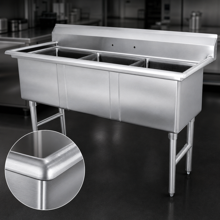 Product image #3 for Steel Works Stainless Three-Compartment Commercial Sink, 304 Stainless Steel, 24 x 24 x 14 Inch Bowls, No Drainboard