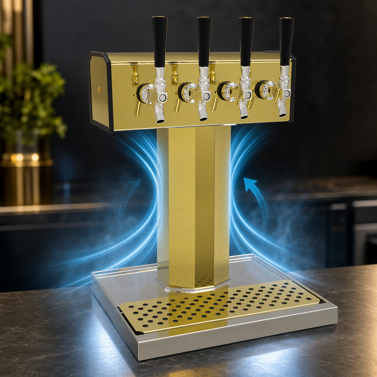 Product image #3 for Glastender Countertop Air-Cooled 4-Faucet Tee Draft Dispensing Tower, Polished Brass Finish