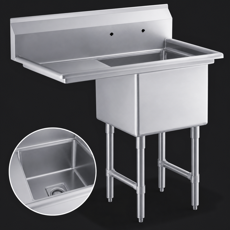 Product image #3 for Steel Works Stainless Single Compartment Sink with Left Drainboard, 24" x 24" x 14" Bowl, 50-1/2" x 29-1/2" x 43-3/4" H