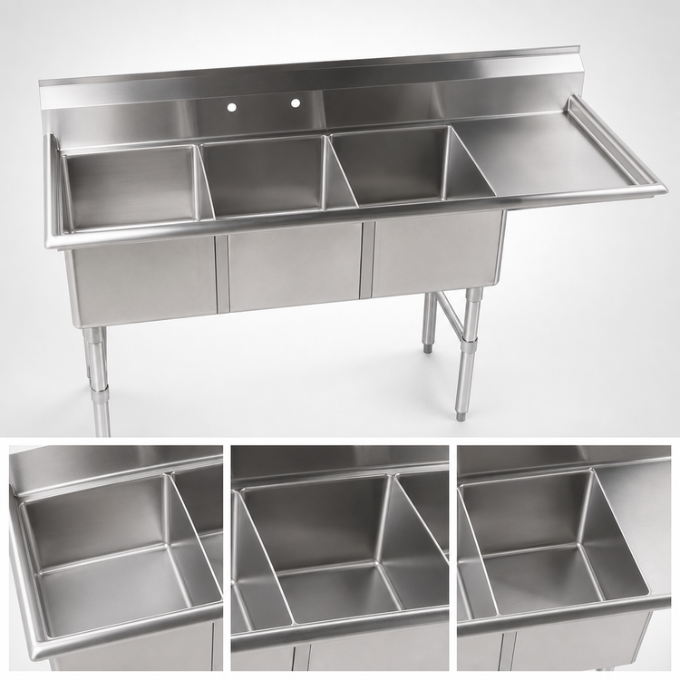 Product image #3 for Klinger's Trading Economy 3-Compartment Stainless Steel Sink with 24-Inch Right Drainboard