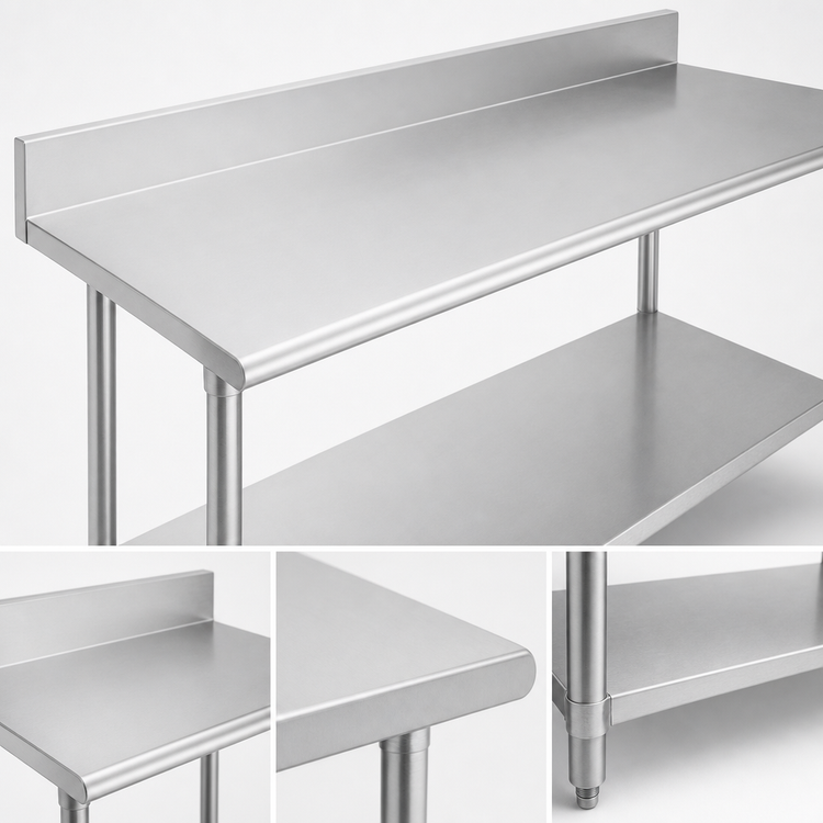 Product image #3 for Duke 314-30120-5R 120" x 30" Stainless Steel Work Table — 14-Gauge 300 Series Top, 4.59" Riser, Galvanized Undershelf
