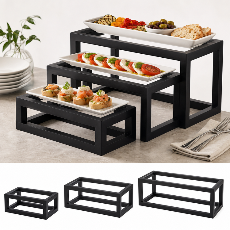Product image #3 for American Metalcraft 3-Piece Rectangular Black Lacquered Wood Buffet Riser Set